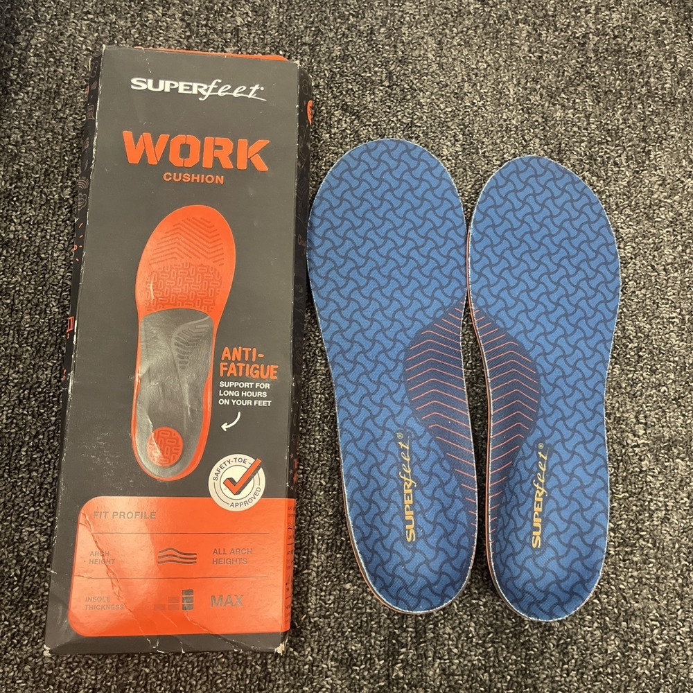 Superfeet Work Cushion Insoles Size D Men 7.5–9 Women 8.5–10 Anti-Fatigue Max